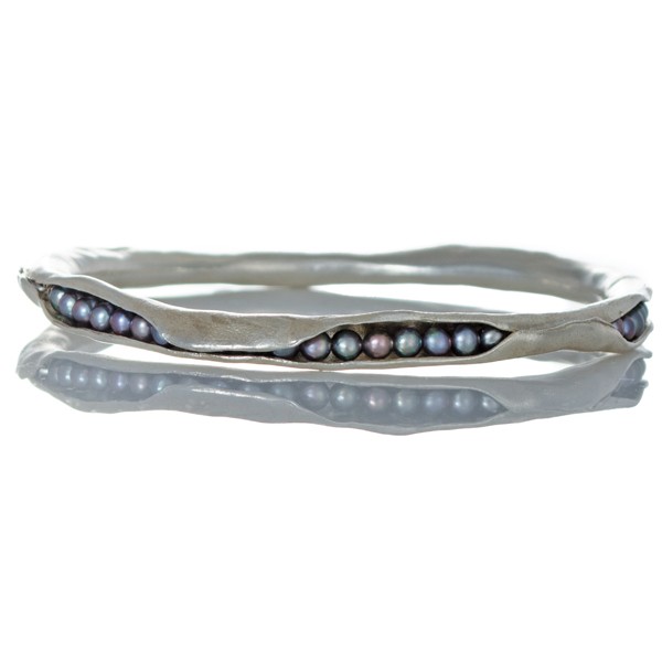 Silver pod bangle with peacock pearls