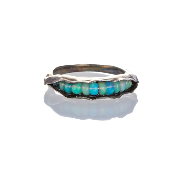 Antiqued silver pod ring with blue opals.